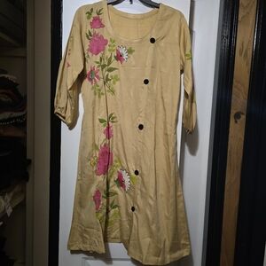 Beige Dress with Hand Painted Pink Floral Accents Dress Size Extra Large